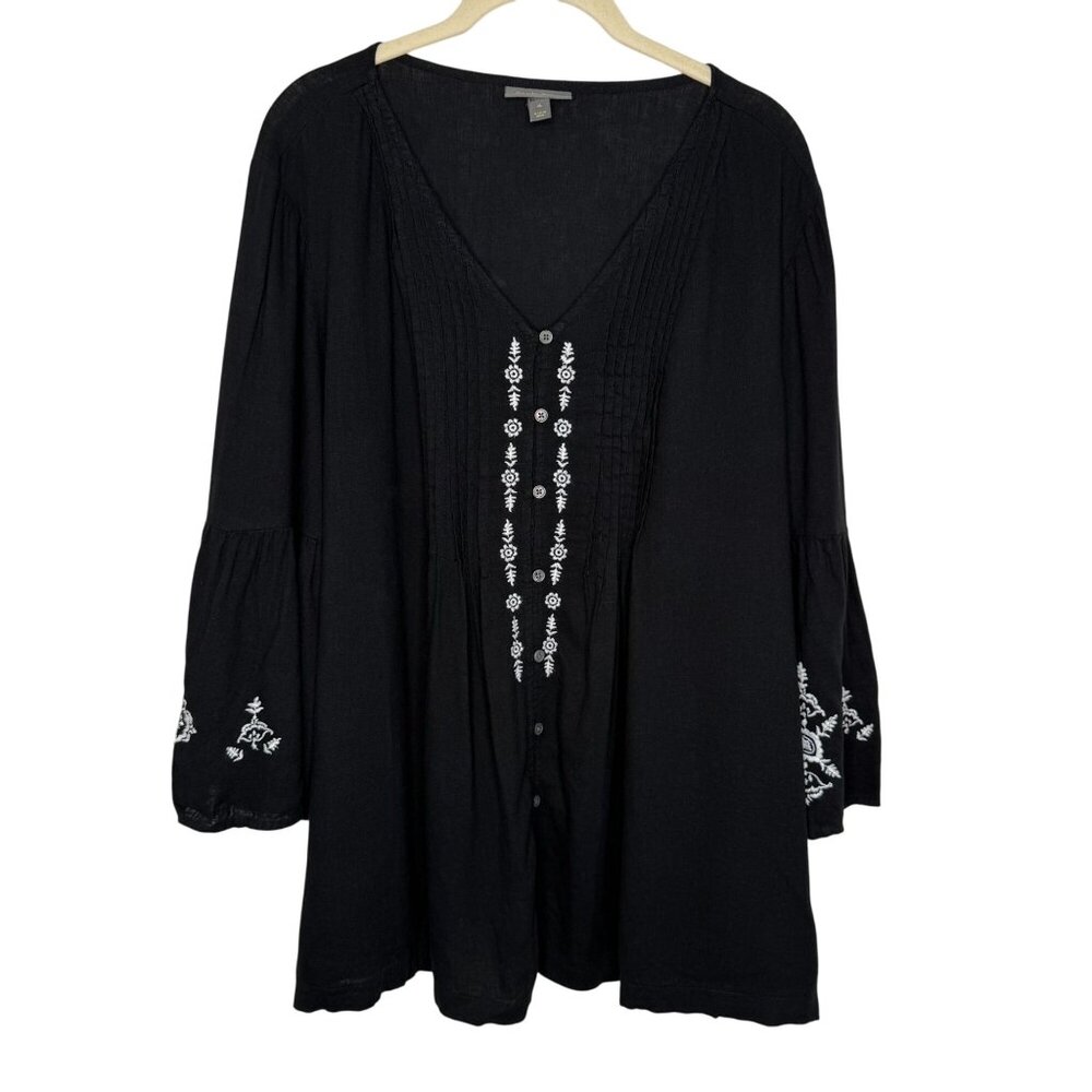 Style & Co Black Embroidered V-Neck Tunic Blouse, XL